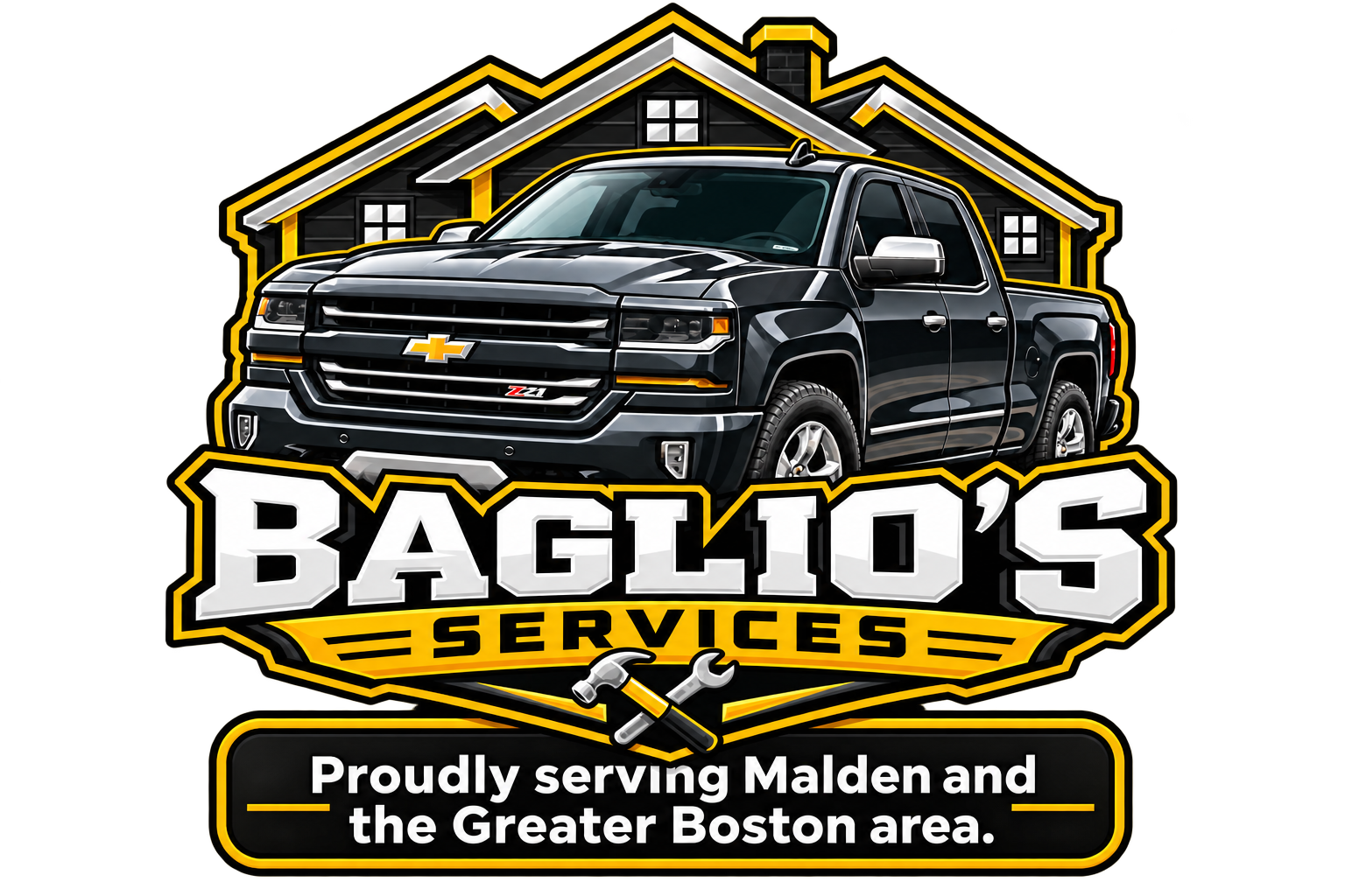 Baglio’s Services logo with a pickup truck, house, hammer and wrench. Proudly serving Malden and the Greater Boston area.